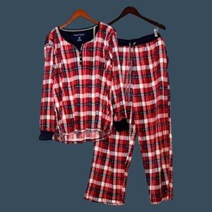 NAUTICA- WOMEN'S RED/NAVY SILKY STRETCH MICROFLEECE PAJAMA SET SIZE MEDIUM